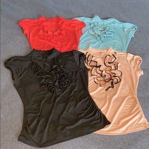 Ruffled knit short sleeve blouses